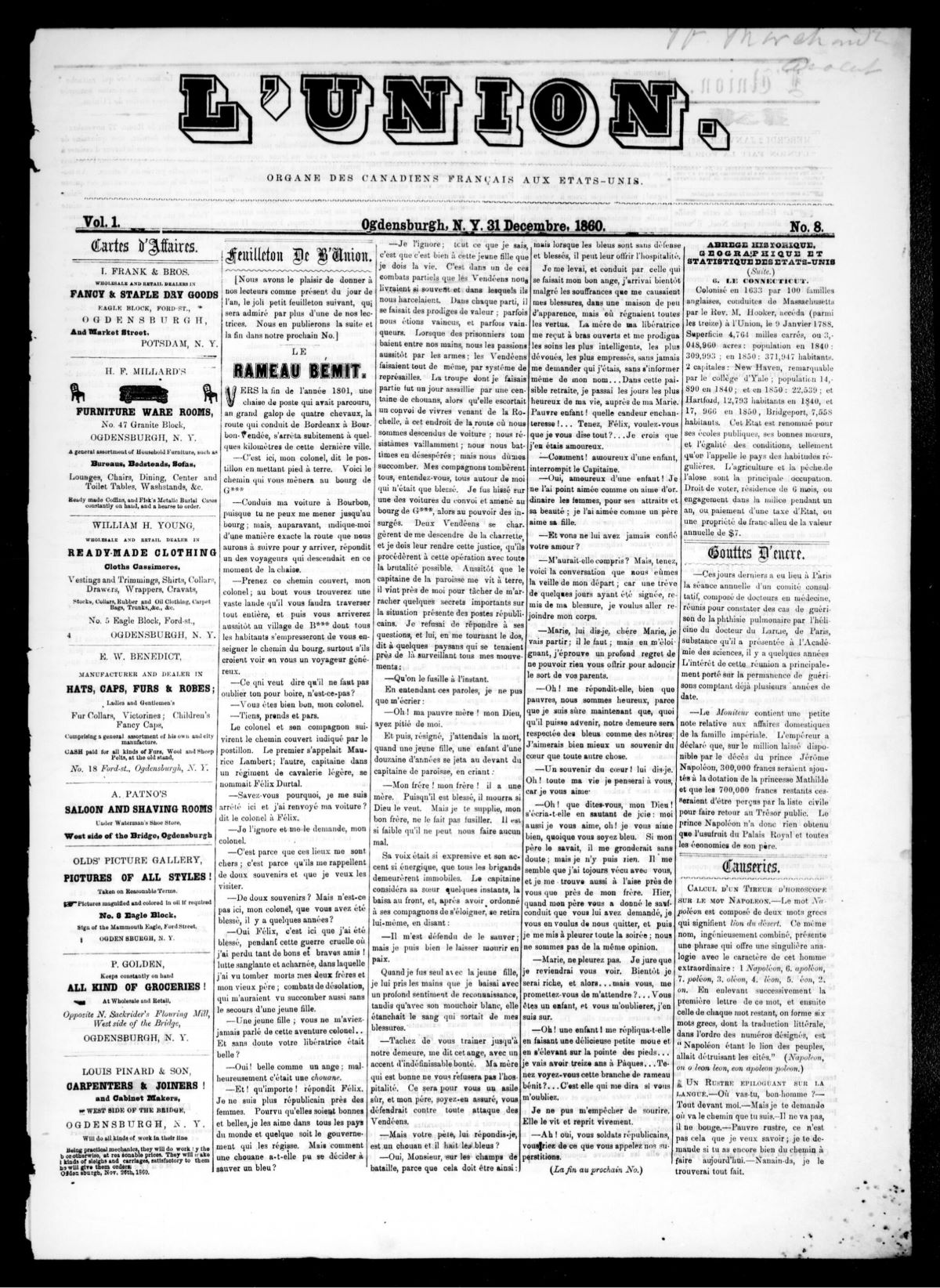 Page titre du numéro du 31 décembre 1860 de L'Union